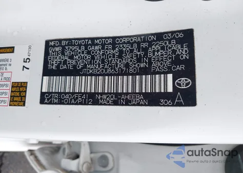 2006 Toyota Prius from USA, damaged, VIN JTDKB20U863171801